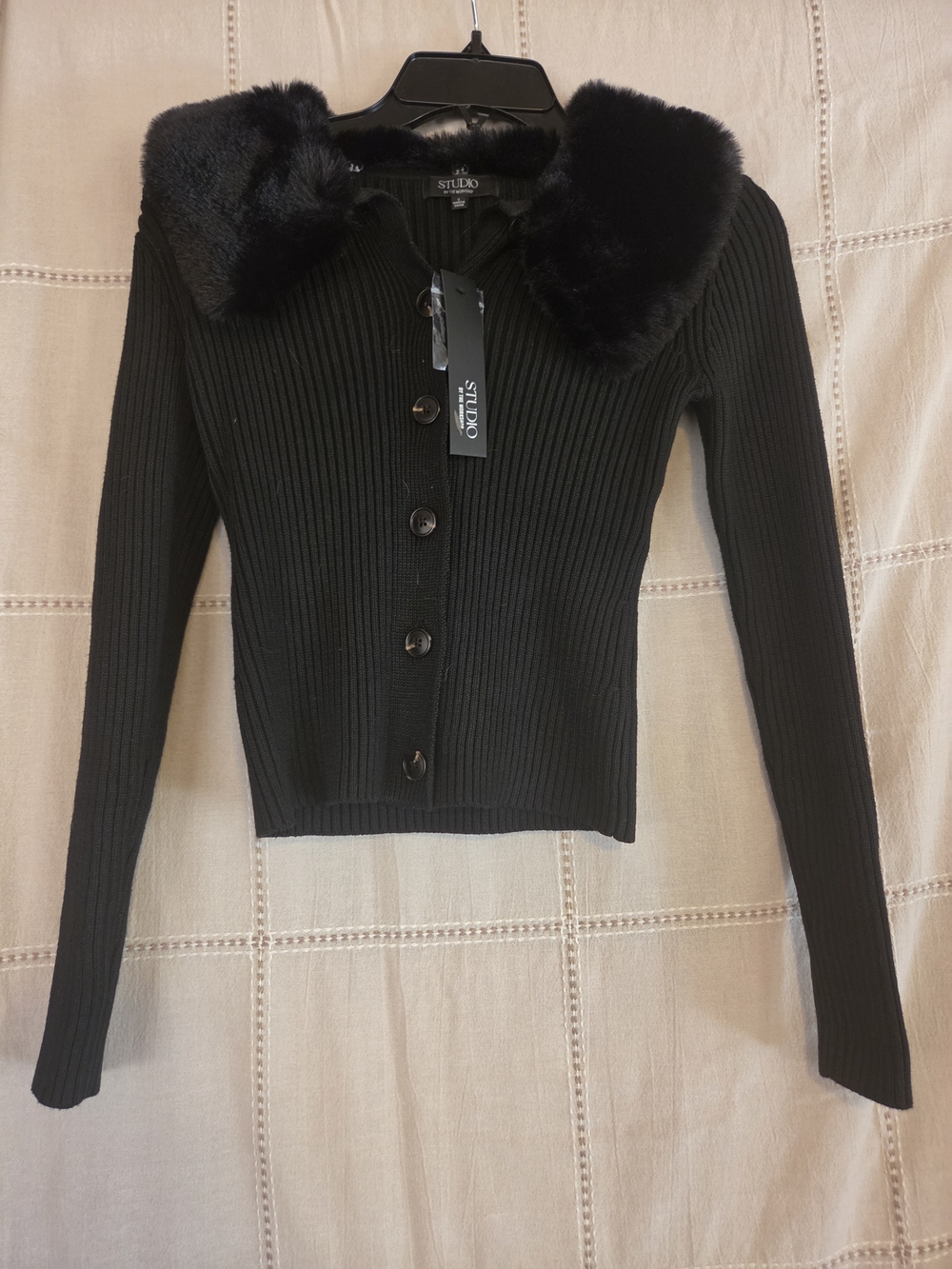 Studio Black Ribbed Button-Front Cardigan with Faux Fur Collar